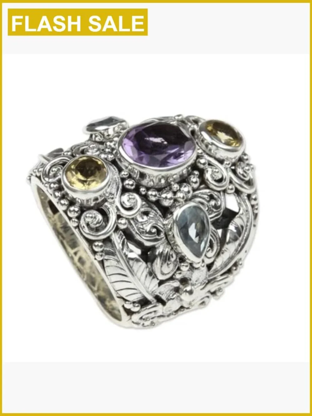 Handcrafted Sterling Silver Butterfly Ring with Amethyst & Topaz